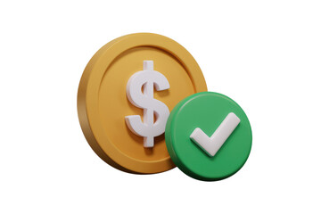 Fototapeta premium 3D rendered illustration of a gold coin with a dollar sign and a green checkmark, signifying successful payment or financial approval. background removed