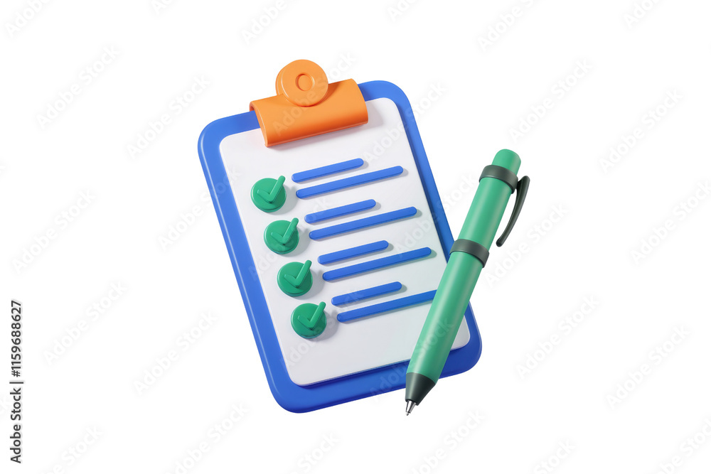 Poster 3D render of a checklist clipboard and pen, symbolizing task management and productivity. background removed