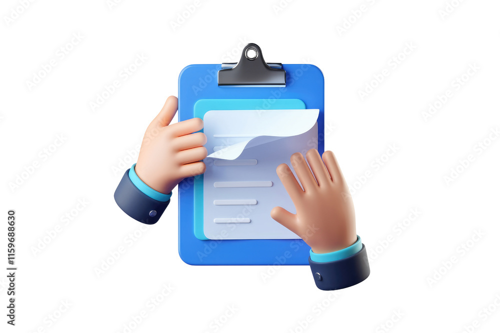 Leinwandbilder 3D rendering of hands reviewing a document on a clipboard. background removed