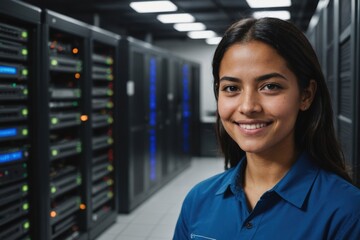 Close portrait of a smiling young Salvadoran female IT worker looking at the camera, against dark server room blurred background.