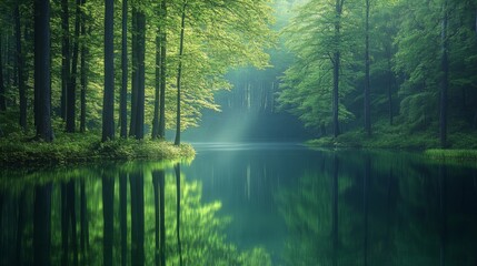 Obraz premium Serene Green Forest Lake Reflecting Trees