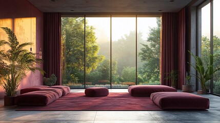 Fototapeta premium Serene Modern Living Room Sunrise View
