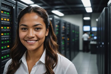 Fototapeta premium Close portrait of a smiling young Samoan female IT worker looking at the camera, against dark server room blurred background.