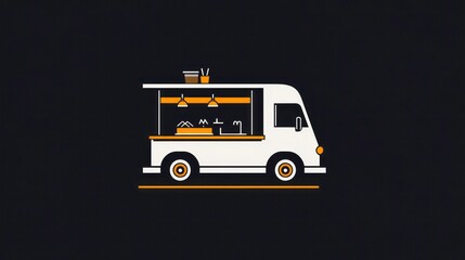 Simple illustration of a white food truck on a dark background.