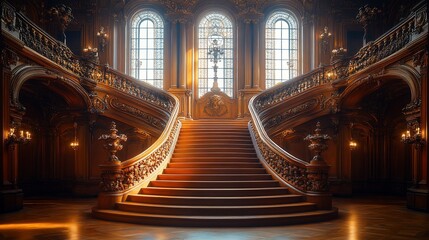 Obraz premium Grand Wooden Staircase In An Ornate Palace