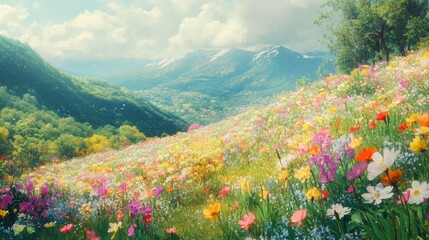 Obraz premium Colorful wildflowers bloom on a hillside overlooking mountains