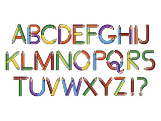 English alphabet, letters are made up of coloured pencils. Isolated on white background vector font. Element of school design