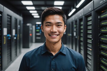 Close portrait of a smiling young Singaporean male IT worker looking at the camera, against dark server room blurred background.