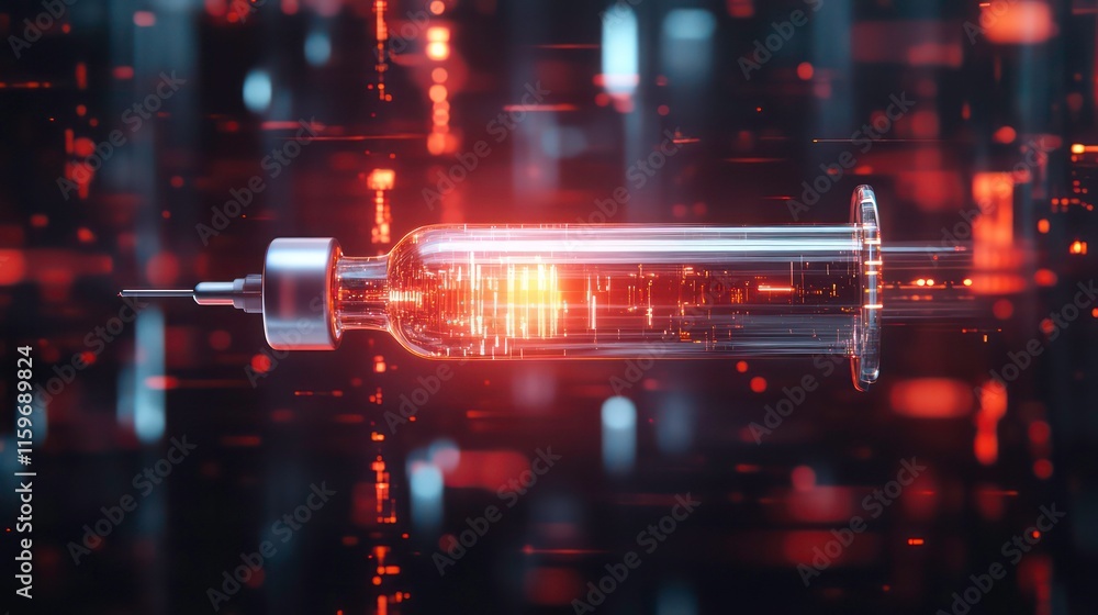 Aufkleber futuristic transparent syringe with glowing digital data inside, flying through a digital space.
