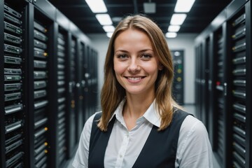 Fototapeta premium Close portrait of a smiling young Slovak female IT worker looking at the camera, against dark server room blurred background.