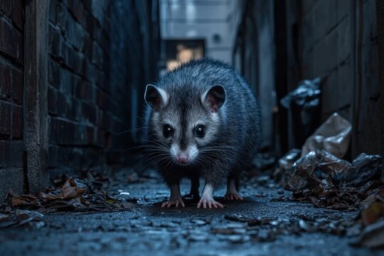Opossum in dark alley with eerie lighting and trash