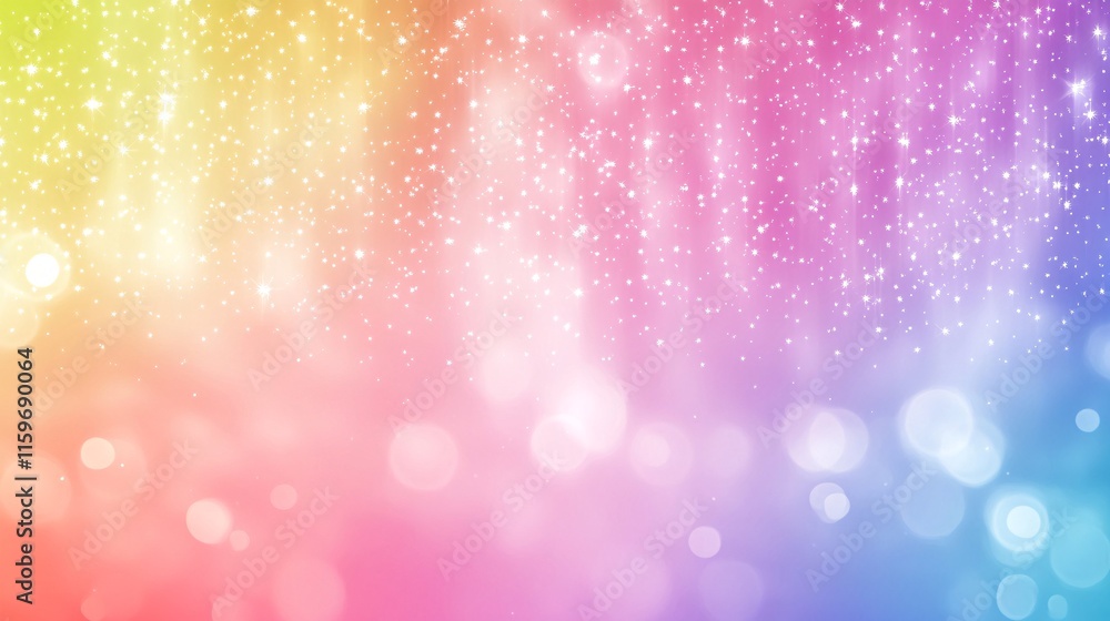 Poster a vibrant gradient background featuring sparkling stars and soft bokeh lights in pastel hues.