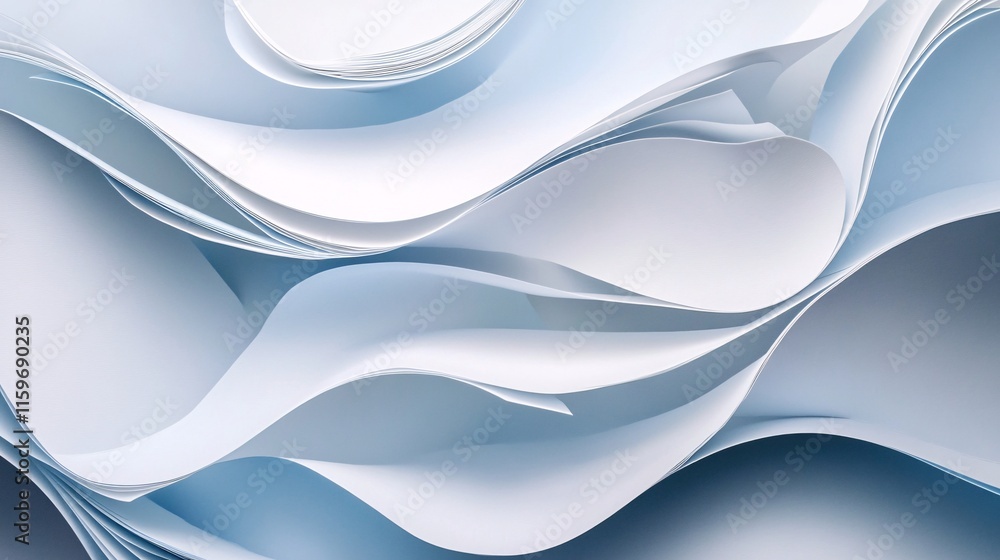 Poster abstract composition of flowing white paper waves in soft blue tones, creating a serene and gentle a