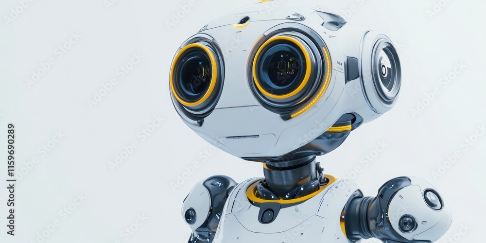 Poster robot with yellow eyes and a white body. the robot is looking at the camera. the robot is made of me