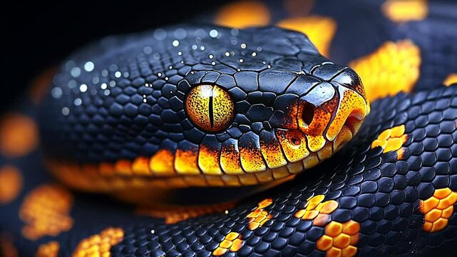 Close-up shot of a snake with vibrant orange and black scales.