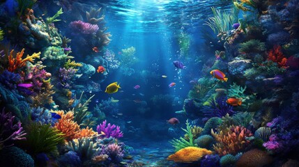 Fototapeta premium Vibrant Coral Reef Underwater Scene with Soft Lighting