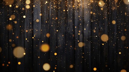 A shimmering backdrop of golden bokeh lights against a rustic black wooden background.