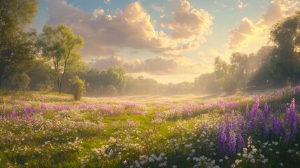 Fototapeta premium Serene Sunrise Over a Field of Blooming Wildflowers
