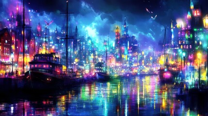 Obraz premium Vibrant Harbor Scenes with Bright Lighting and Colorful Boats