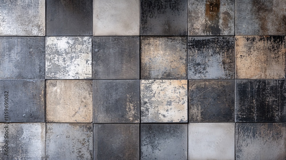 Poster a textured arrangement of gray and metallic tiles featuring a mix of finishes and patterns.