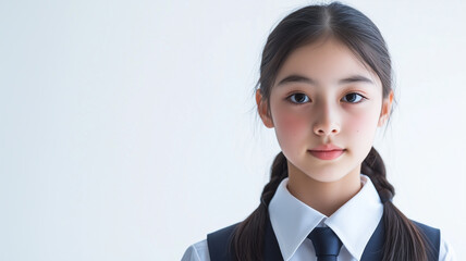 スタジオで撮影された制服姿の照れた表情の日本人少女