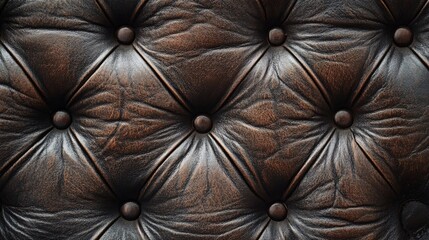Naklejka premium Close-up of an aged, dark brown leather tufted surface, showcasing intricate textures and rich tones.
