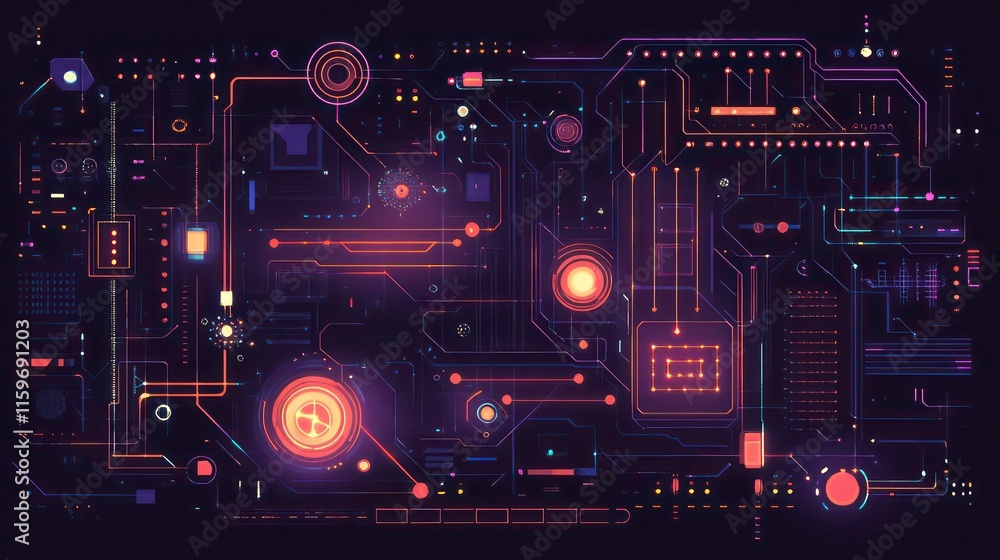 Poster Abstract digital circuit board with glowing nodes and connections.