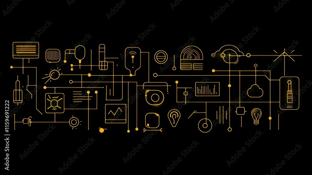 Aufkleber Abstract gold network connection lines and icons on black background.