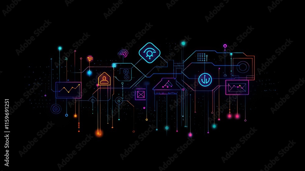 Poster Abstract digital network connection with glowing icons and lines on black background.