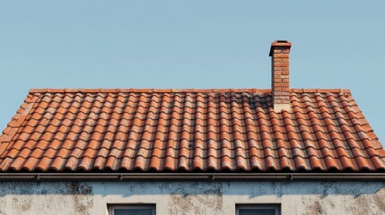 Red tile roof and brick chimney against a clear blue sky.