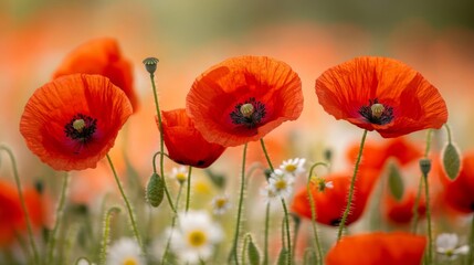 Obraz premium Three vibrant red poppies bloom in a field of flowers