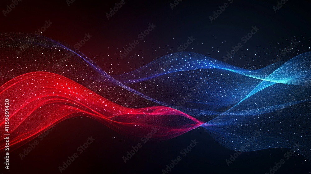 Poster abstract wave patterns in vibrant red and blue hues, creating a dynamic and energetic atmosphere.