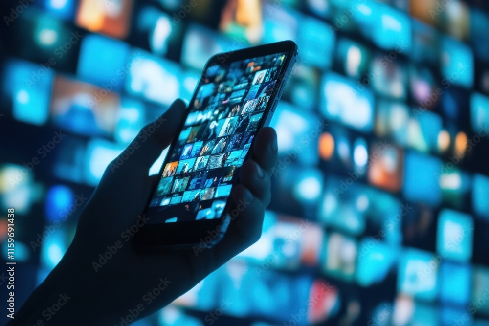 Poster smartphone displays news feed from popular social media platform with vibrant multimedia content at 