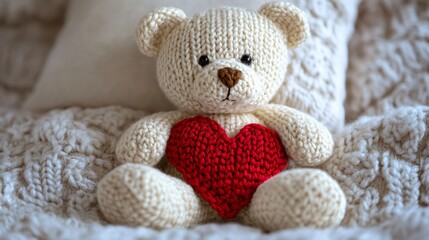 A cute knitted teddy bear holding a red heart, surrounded by a cozy, textured blanket.
