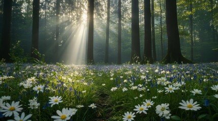 Sunbeams Illuminate Daisies And Bluebells In A Forest