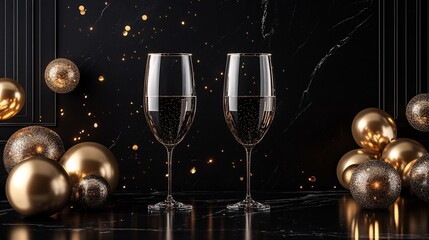 Two elegant champagne glasses stand against a dark marble backdrop, surrounded by sparkling gold ornaments, perfect for a celebration.