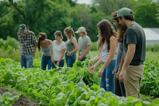 Group of adults learning about sustainable farming practices at an educational workshop in a lush garden setting during a cloudy day in summer
