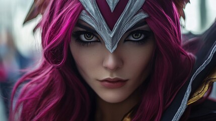 Fototapeta premium A fierce young woman with striking purple hair and intense eyes, embodying a powerful fantasy character.