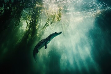 Fototapeta premium Underwater image captures hunting crocodile showcasing movement and agility