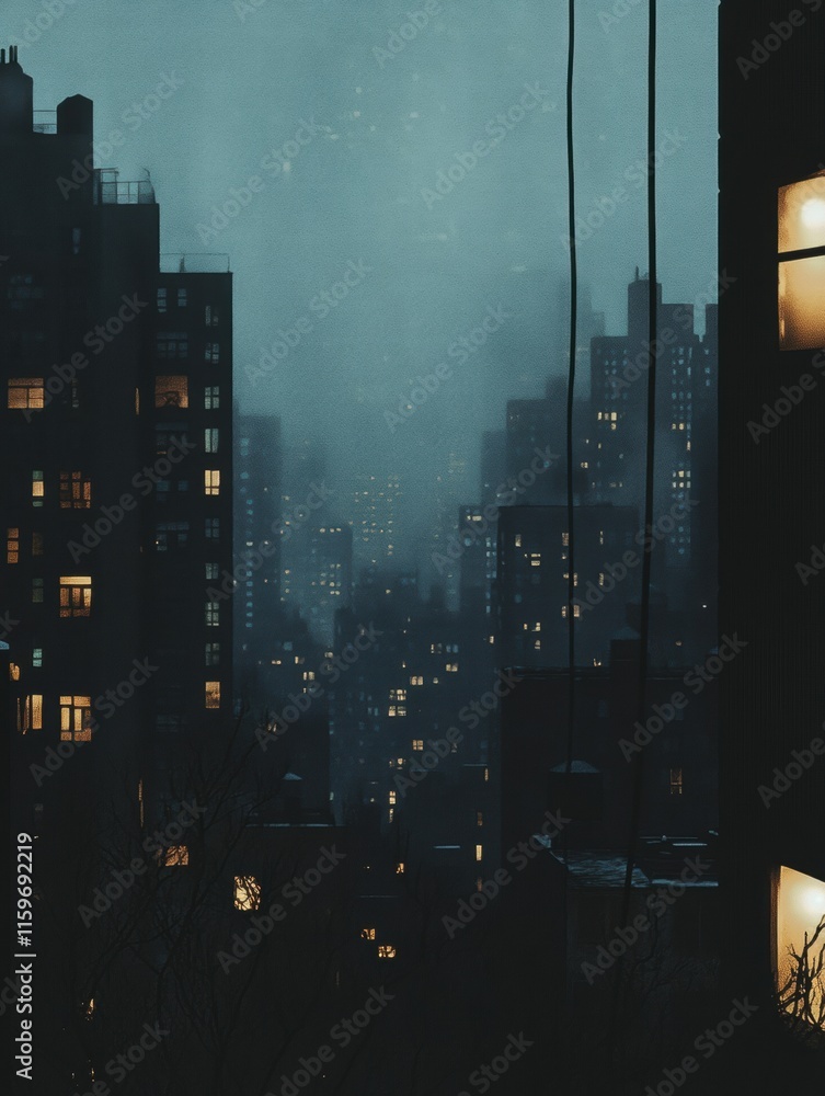 Poster Dark cityscape at night with a few illuminated windows and a foggy atmosphere creating a mysterious ambiance. Generative AI