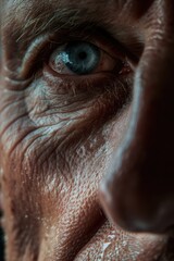 Naklejka premium Old man with blue eyes and wrinkled skin looking into the distance.