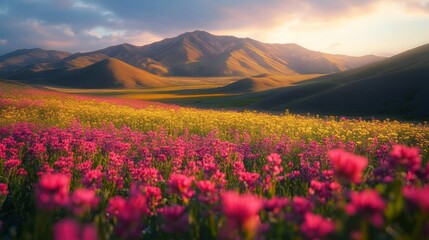 Fototapeta premium Vibrant wildflowers bloom across rolling hills at sunset