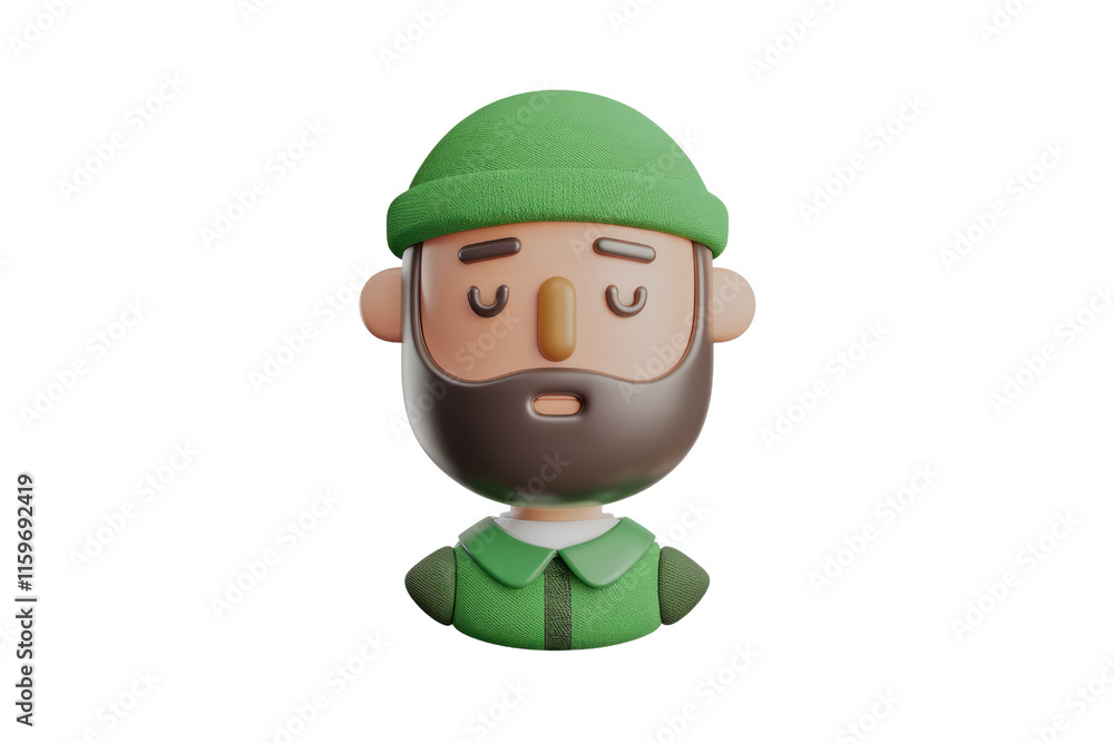 Poster 3d render of a cartoon man with a beard wearing a green beanie. background removed
