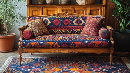 Ornate Wooden Sofa with Vibrant Ethnic Patterned Cushions
