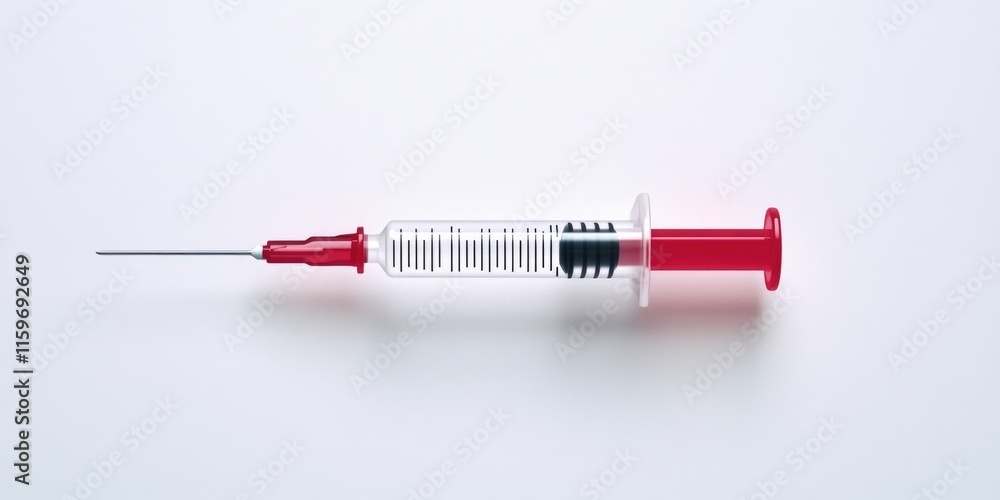 Poster syringe with a red tip is on a white background. the syringe is empty and the red tip is visible