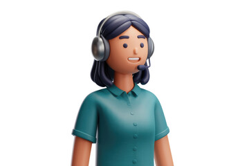 3D render of a female customer service representative wearing headset, offering assistance. background removed
