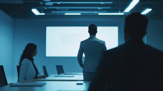 Business team in an advanced conference room. Featuring interactive technology and digital screens