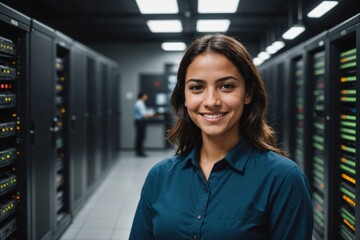 Fototapeta premium Close portrait of a smiling young Tunisian female IT worker looking at the camera, against dark server room blurred background.