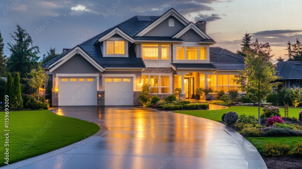 Aufkleber elegant luxury mansion with illuminated windows at sunset surrounded by lush landscaping and a smoot