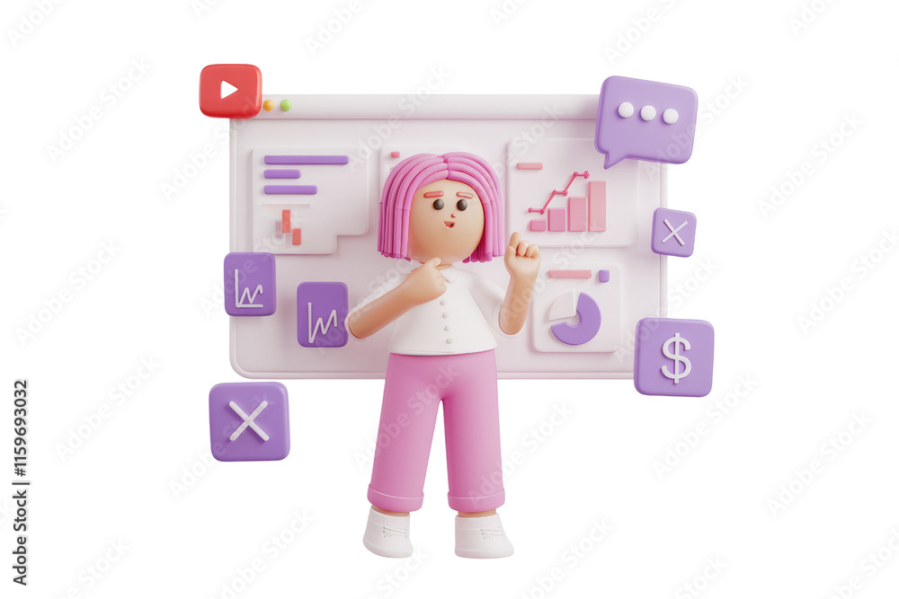 Aufkleber 3D render of a girl explaining data analysis charts and graphs on a screen. background removed